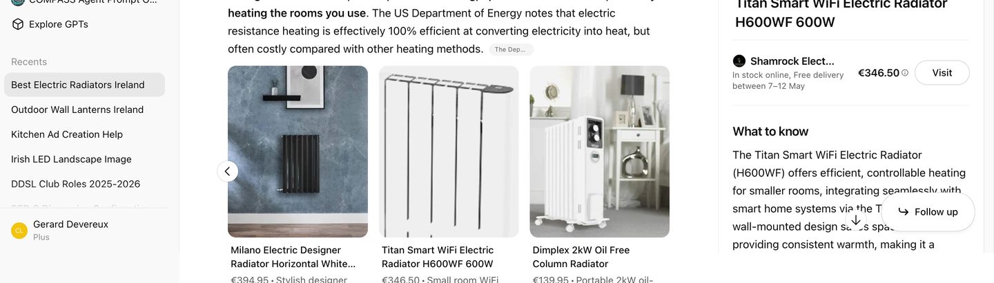 ChatGPT shopping results showing Shamrock Electrical for electric radiators at €346.50